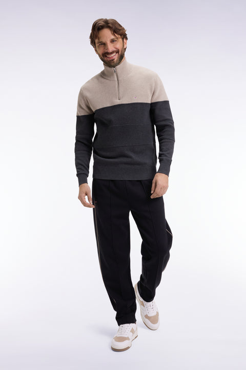 Grey cotton trucker-neck sweater with stripe effect - Image 1
