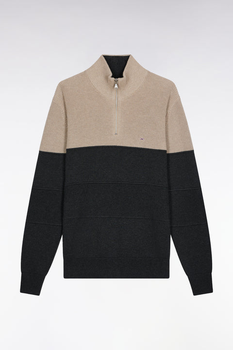 Grey cotton trucker-neck sweater with stripe effect - Image 2