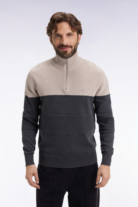 Grey cotton trucker-neck sweater with stripe effect - Image 3