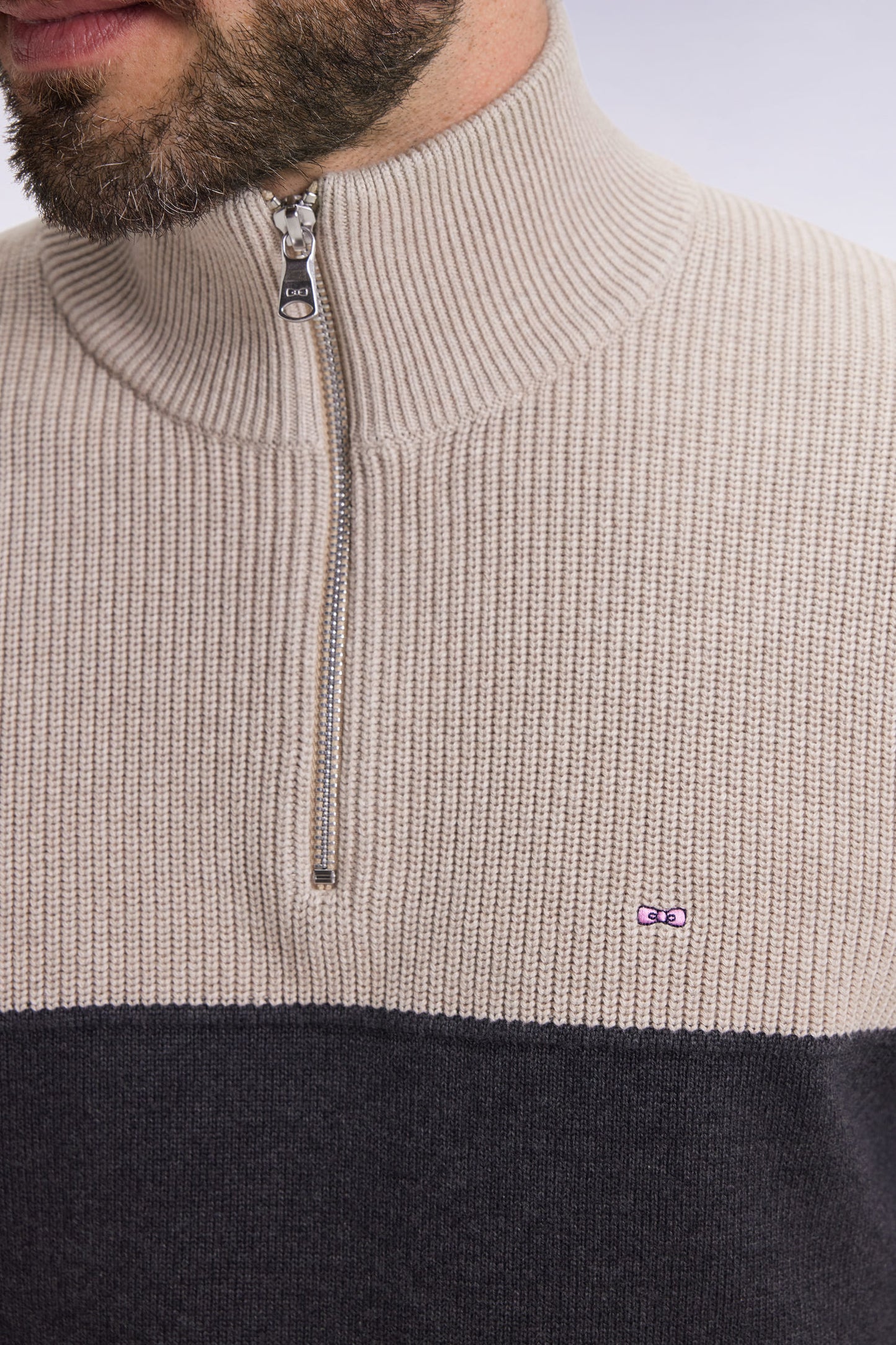 Grey cotton trucker-neck sweater with stripe effect