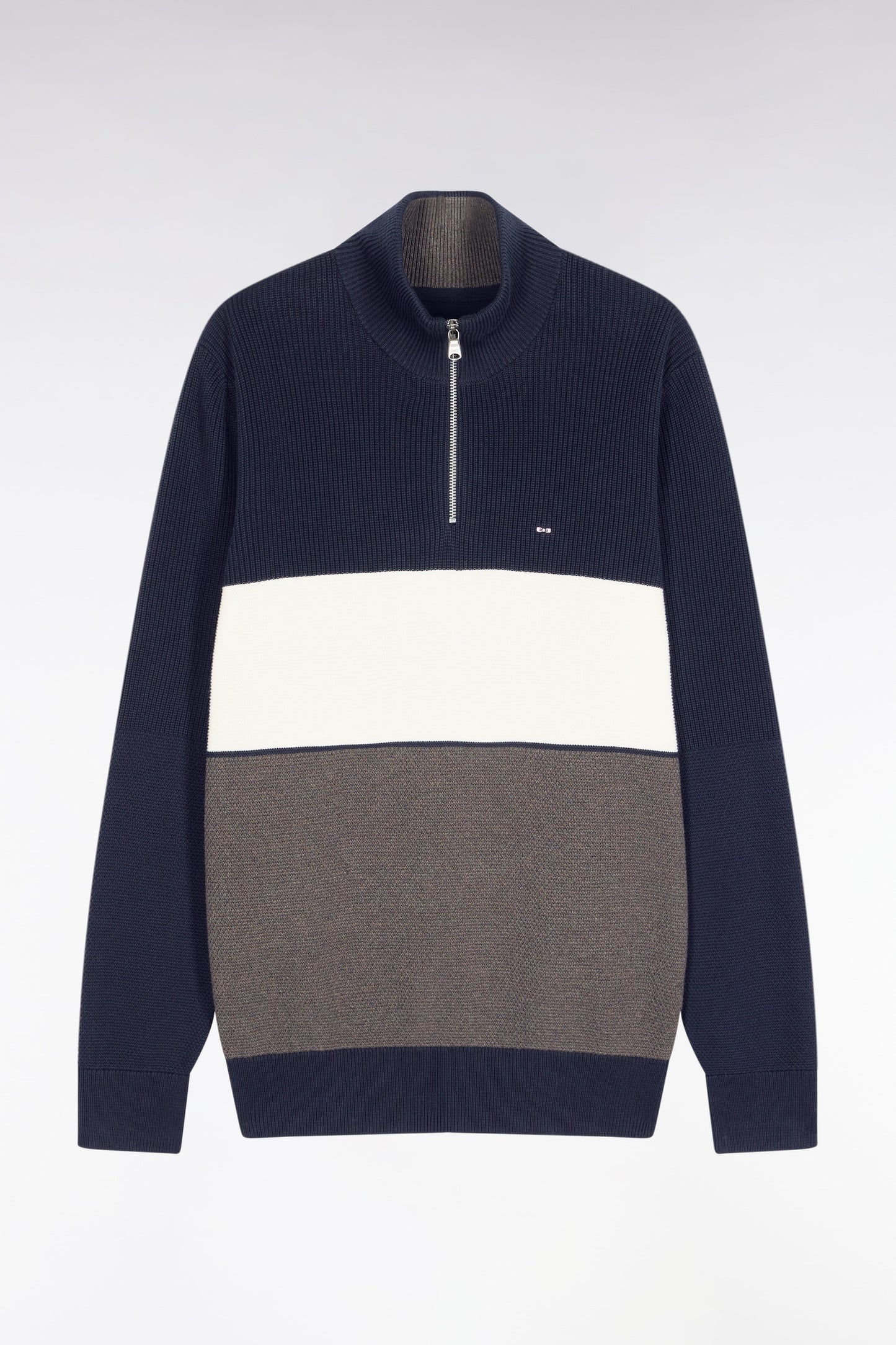 Brown and navy cotton trucker-neck sweater with stripe effect