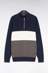 Brown and navy cotton trucker-neck sweater with stripe effect