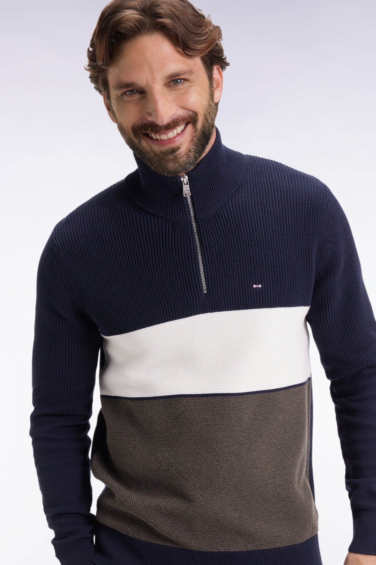 Brown and navy cotton trucker-neck sweater with stripe effect