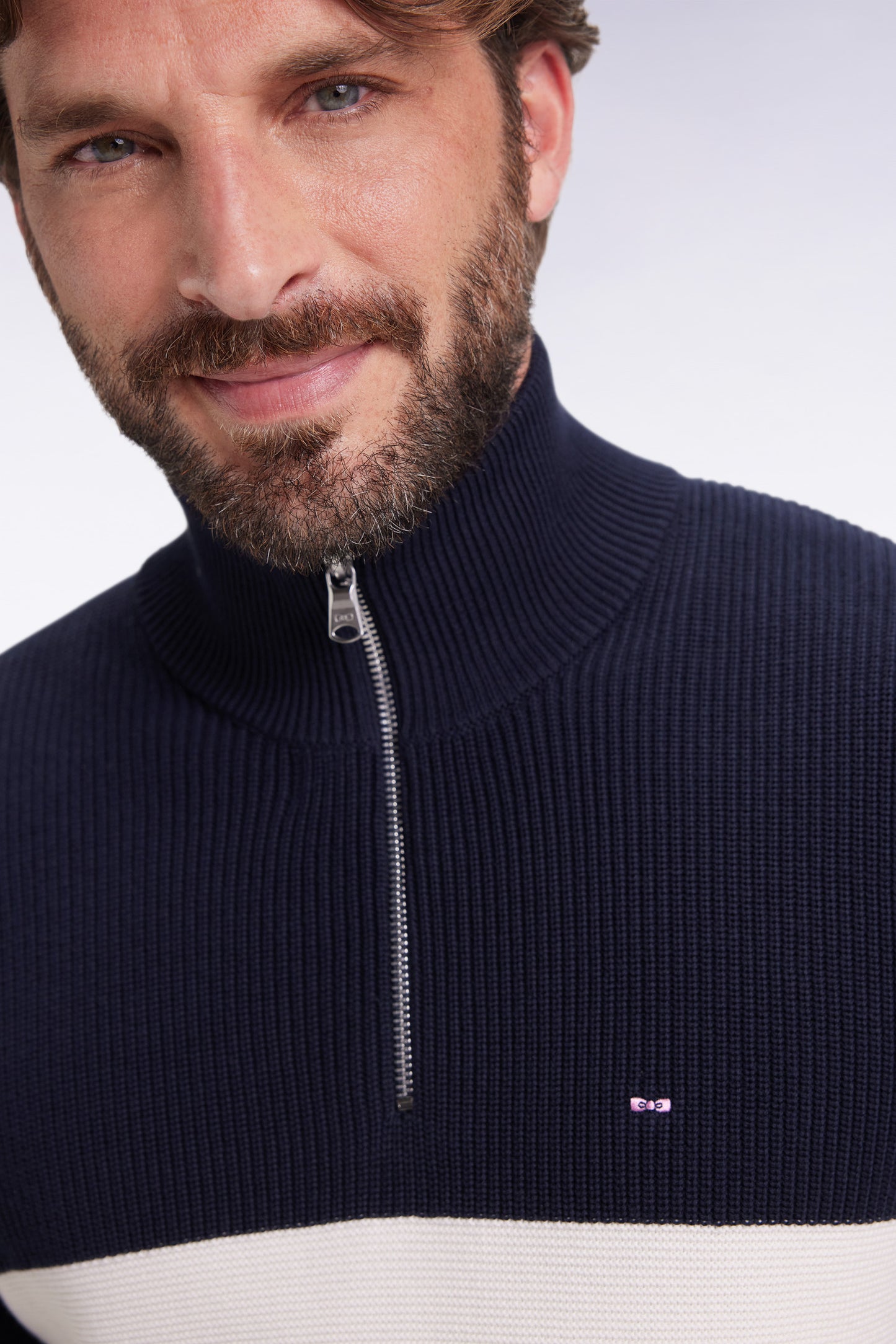 Brown and navy cotton trucker-neck sweater with stripe effect