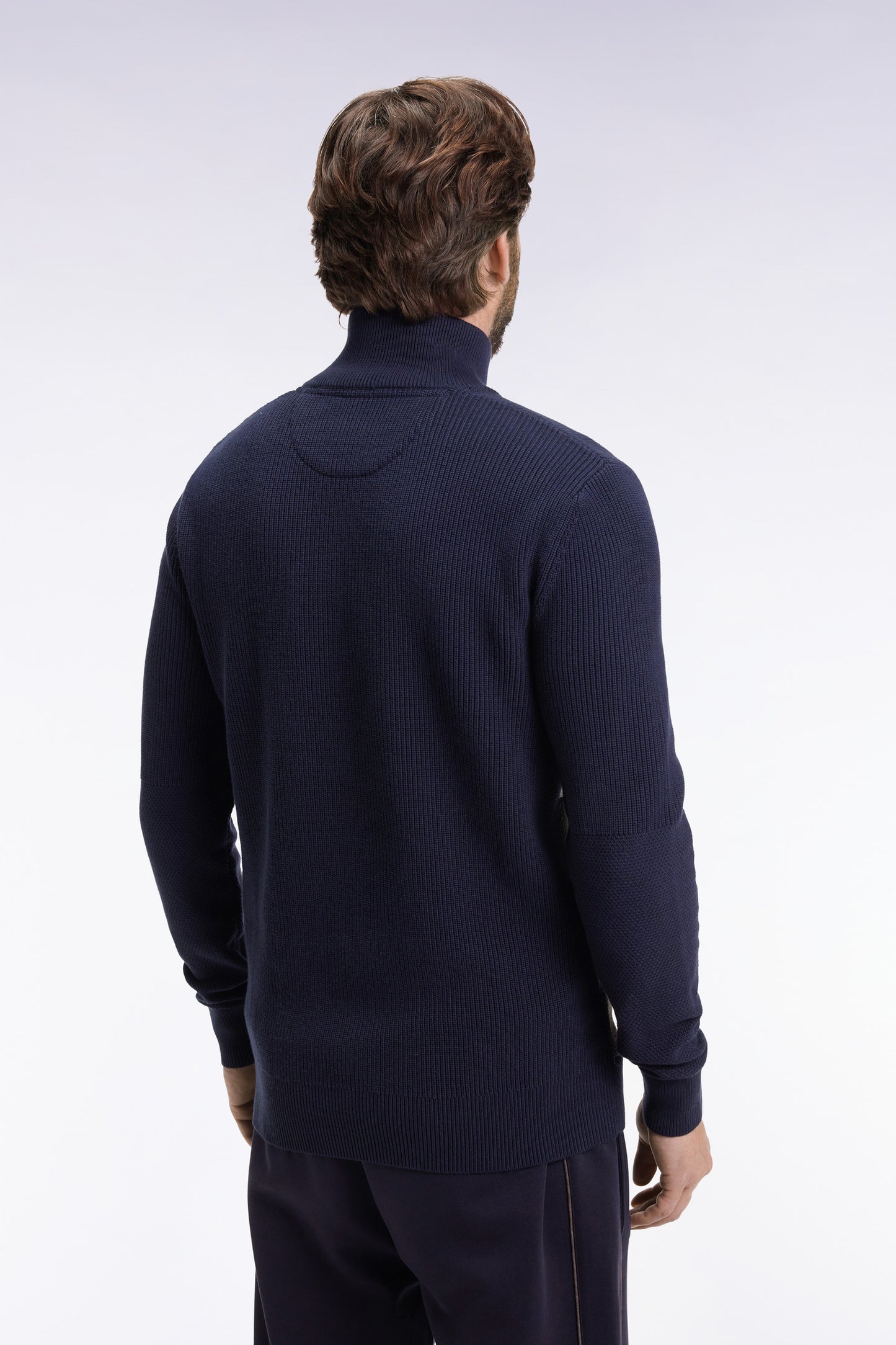 Brown and navy cotton trucker-neck sweater with stripe effect