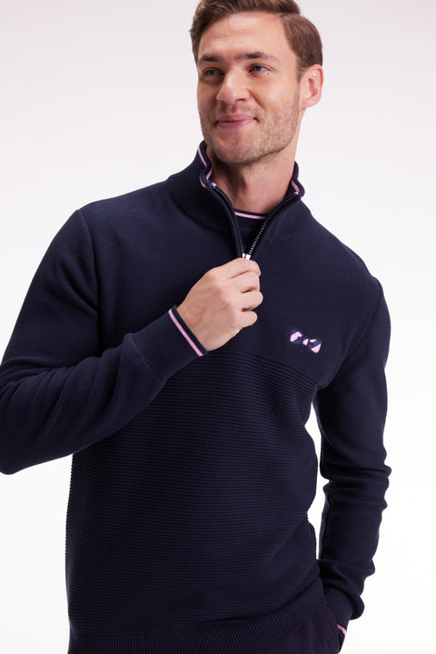Navy cotton trucker-neck sweater with bow tie - Image 1