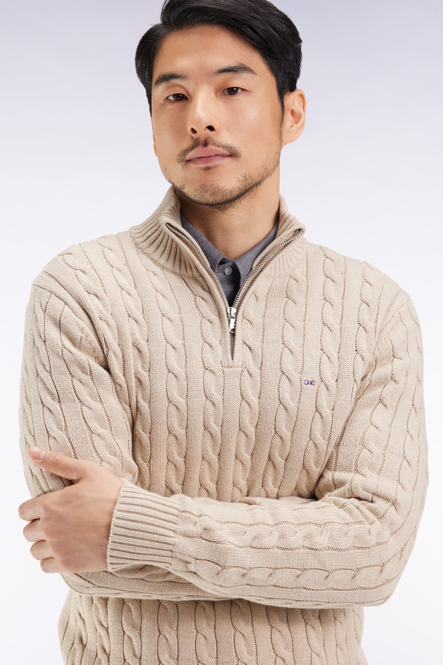 Beige cotton trucker-neck sweater