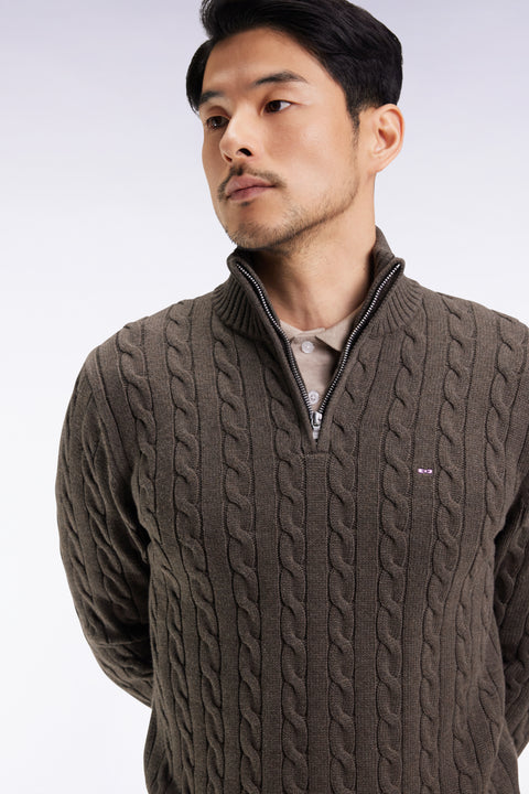 Brown twisted cotton trucker-neck sweater - Image 1