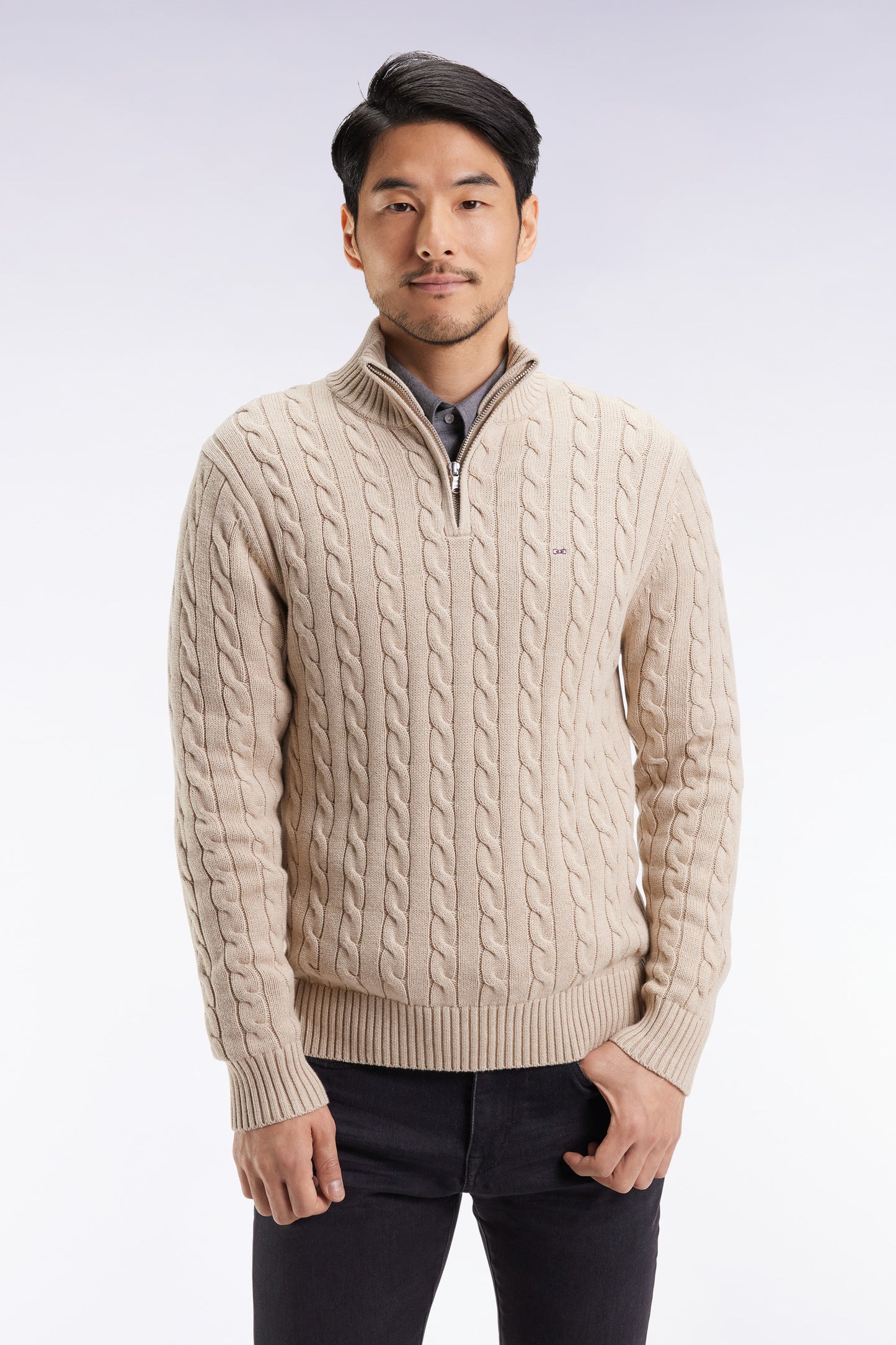 Beige cotton trucker-neck sweater
