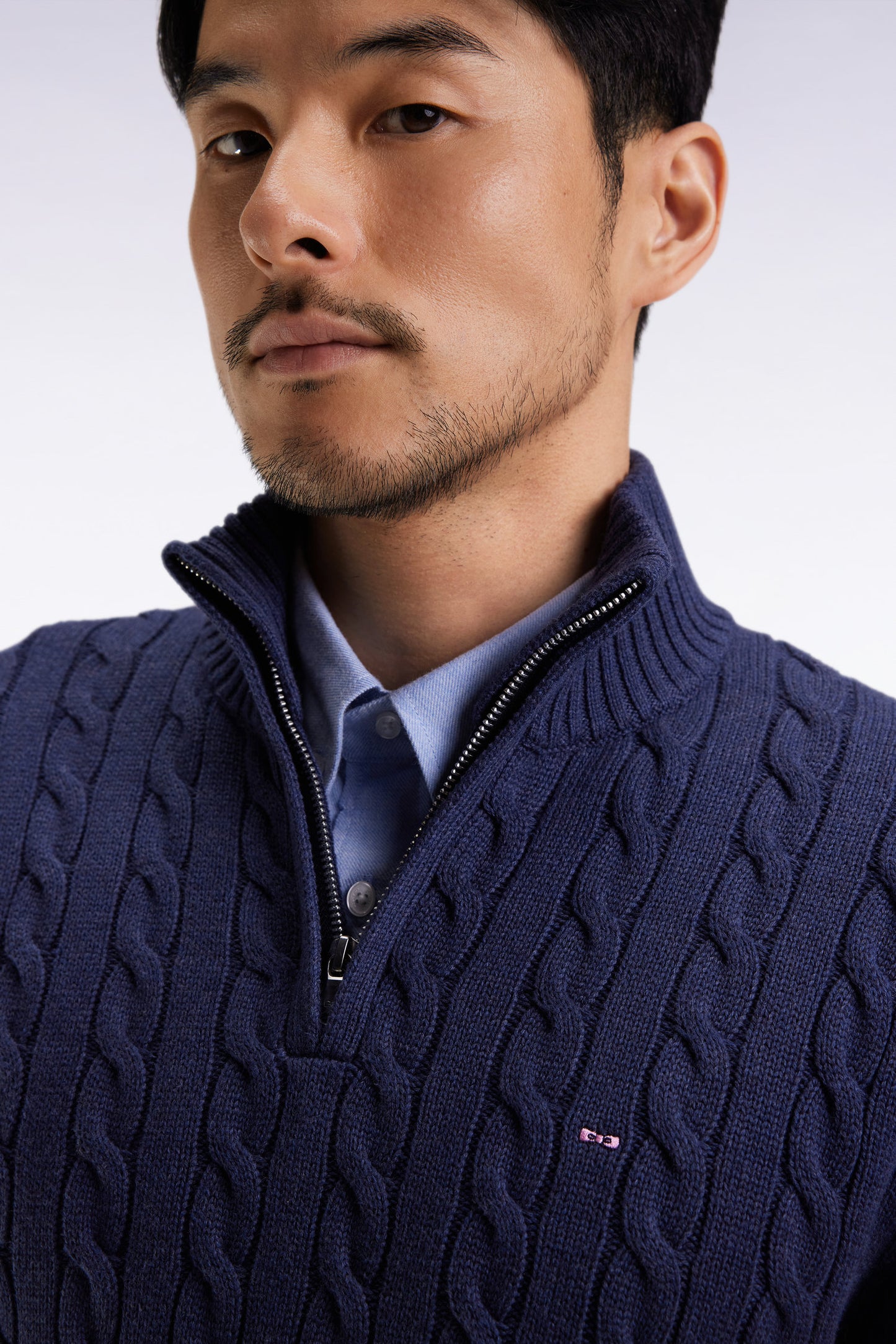 Truck-neck sweater in navy cotton twill