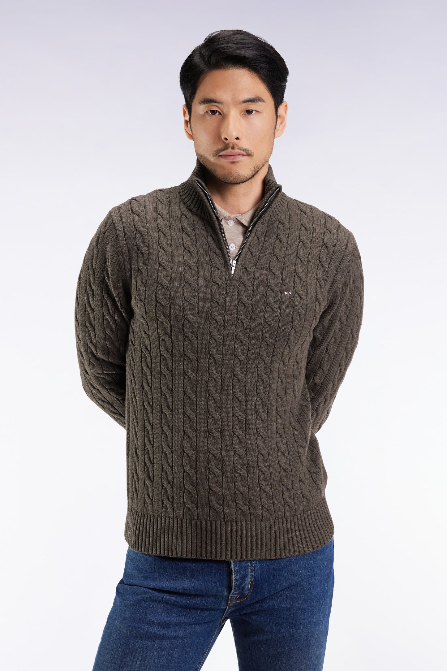 Brown twisted cotton trucker-neck sweater