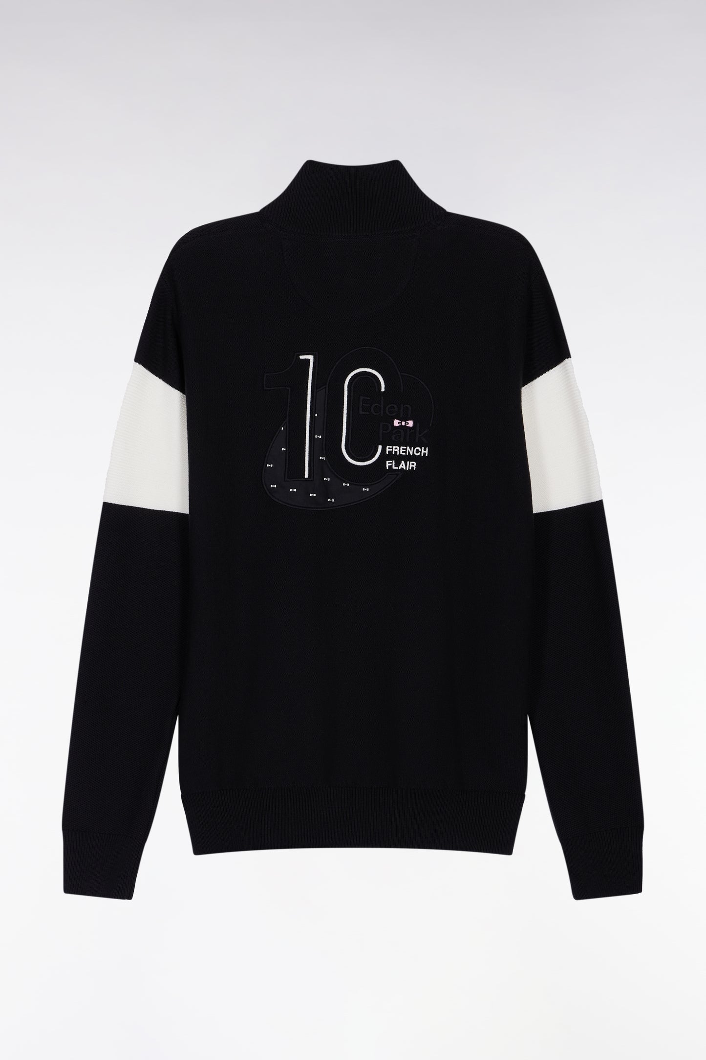 Black cotton trucker-neck sweater with back embroidery