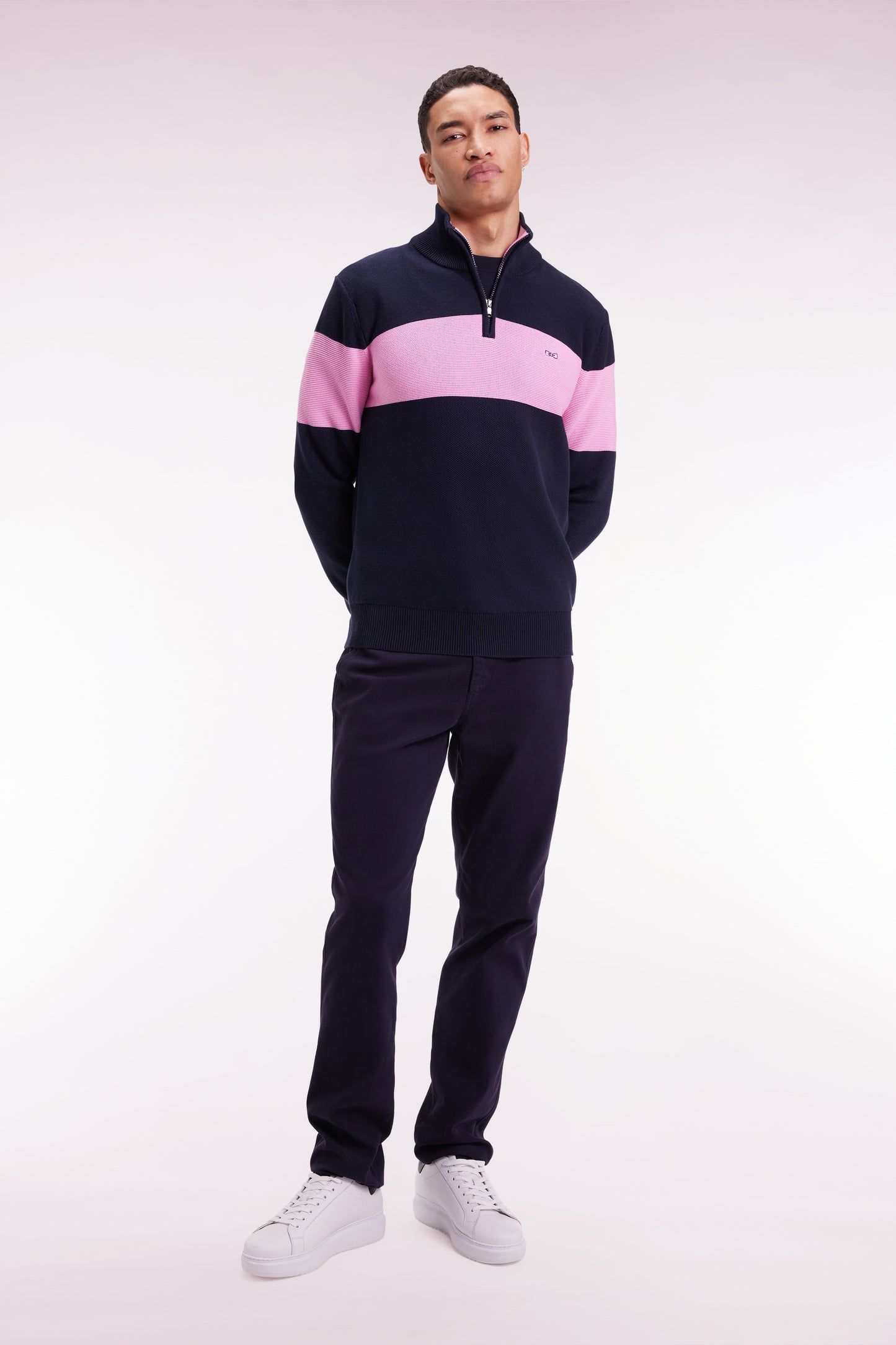 Navy cotton trucker-neck sweater with back embroidery