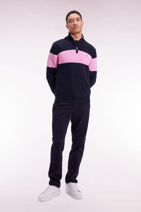 Navy cotton trucker-neck sweater with back embroidery - Image 1