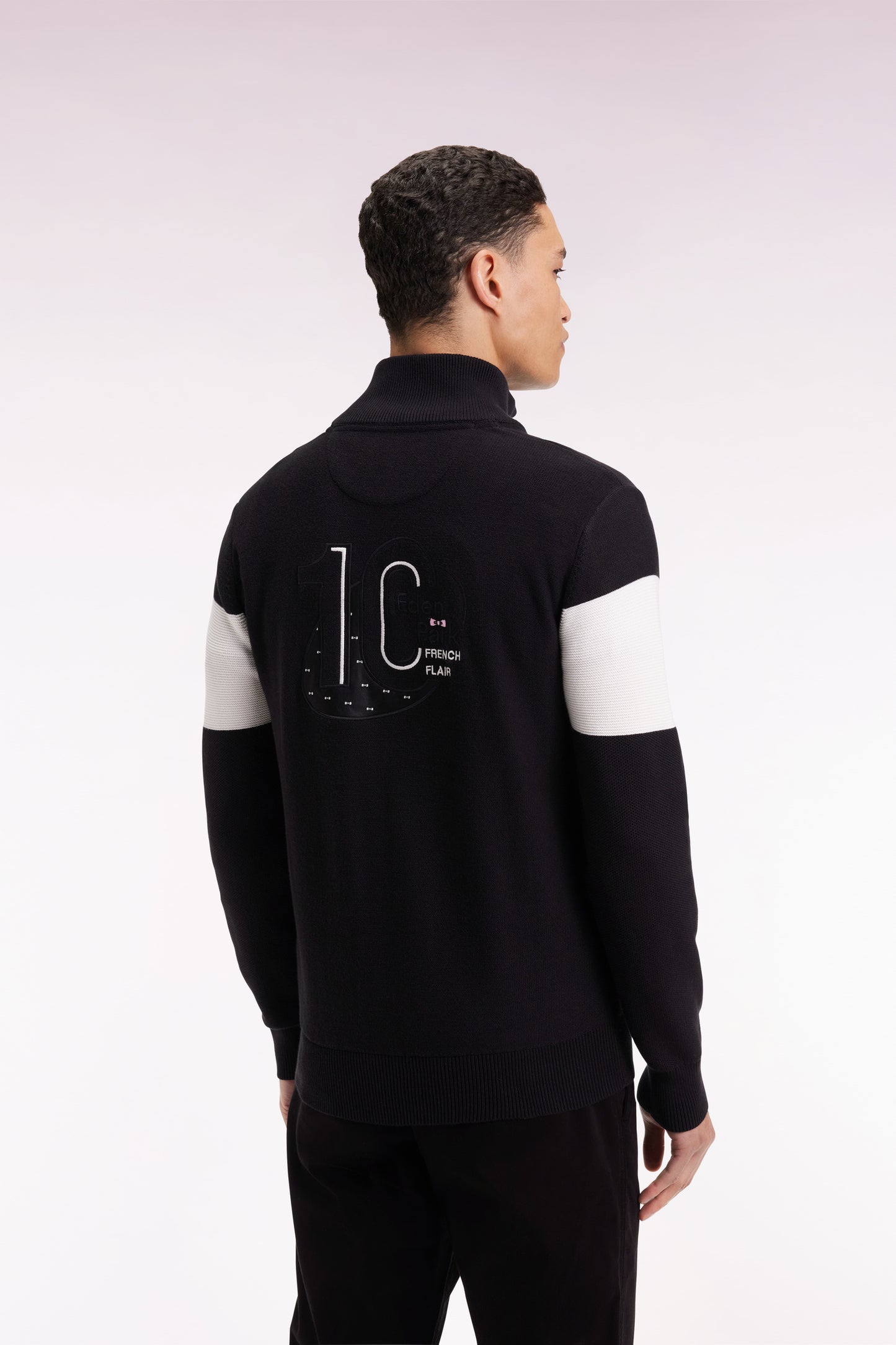 Black cotton trucker-neck sweater with back embroidery