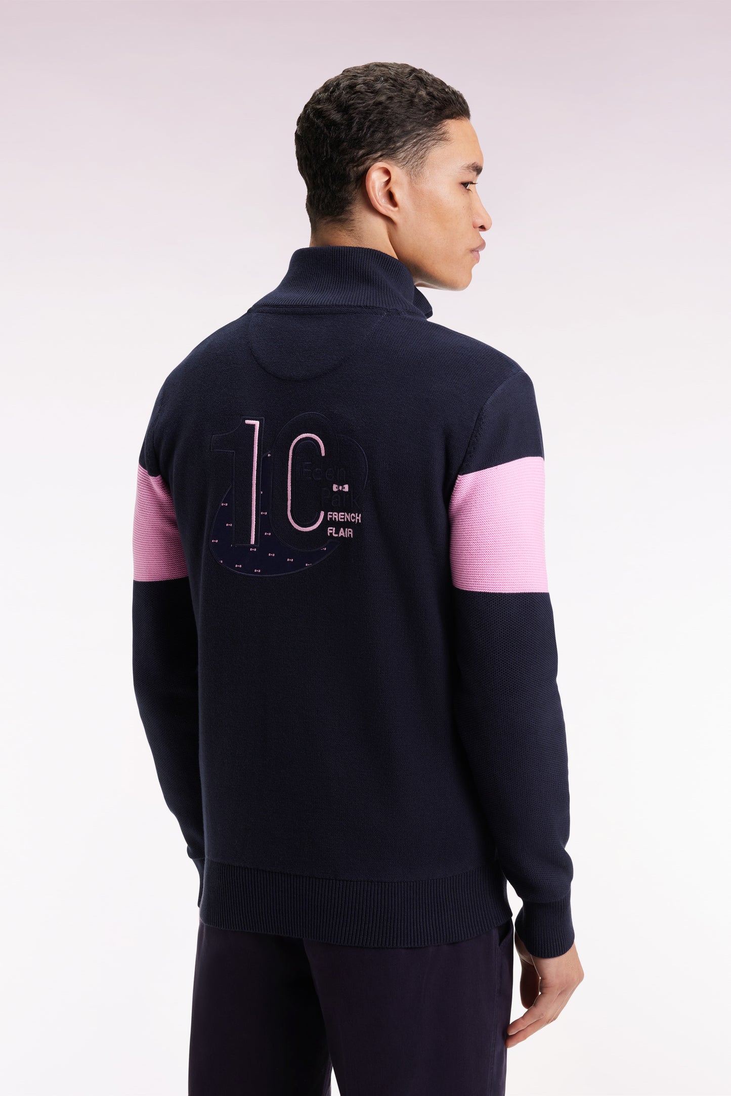 Navy cotton trucker-neck sweater with back embroidery