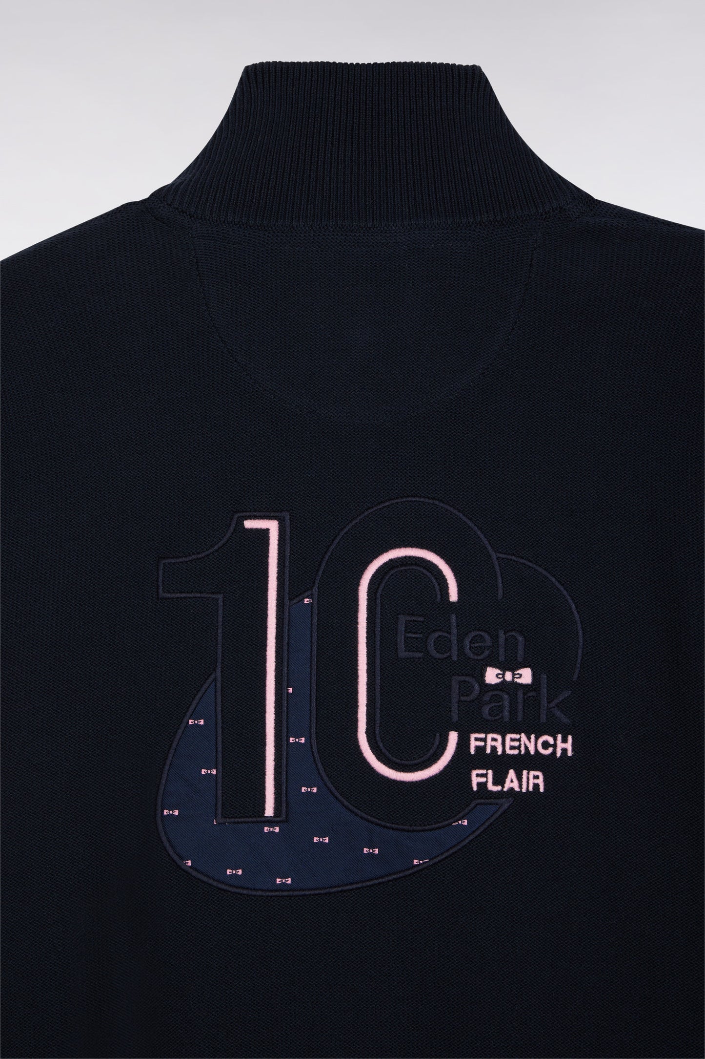 Navy cotton trucker-neck sweater with back embroidery