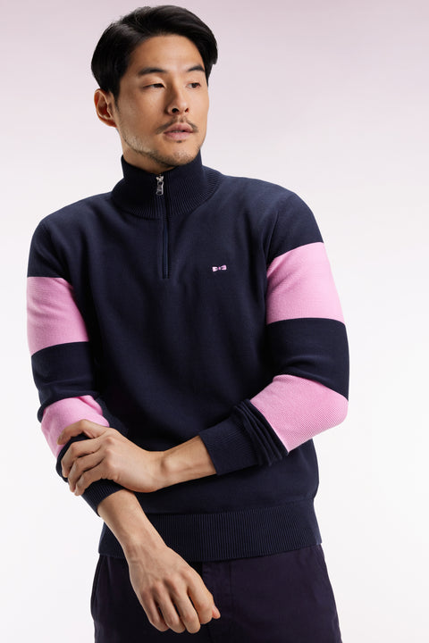 Navy and pink cotton trucker-neck sweater with back embroidery - Image 1