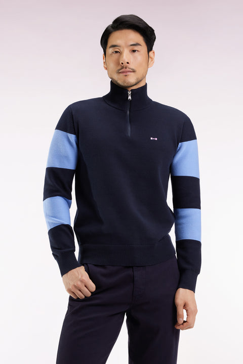 Navy cotton trucker-neck sweater with sky back embroidery - Image 3