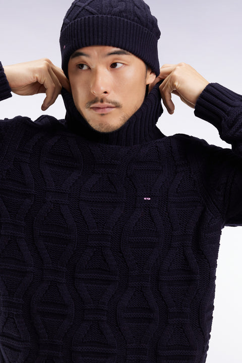 Chunky turtleneck sweater in navy wool and cotton - Image 1