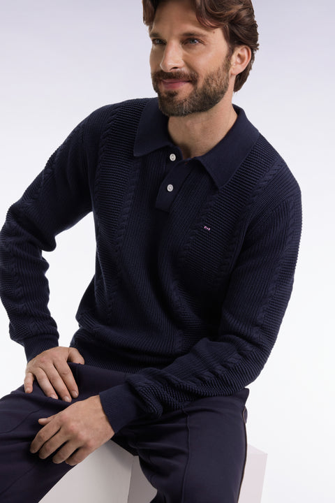 Blue polo-neck sweater in navy cotton - Image 1