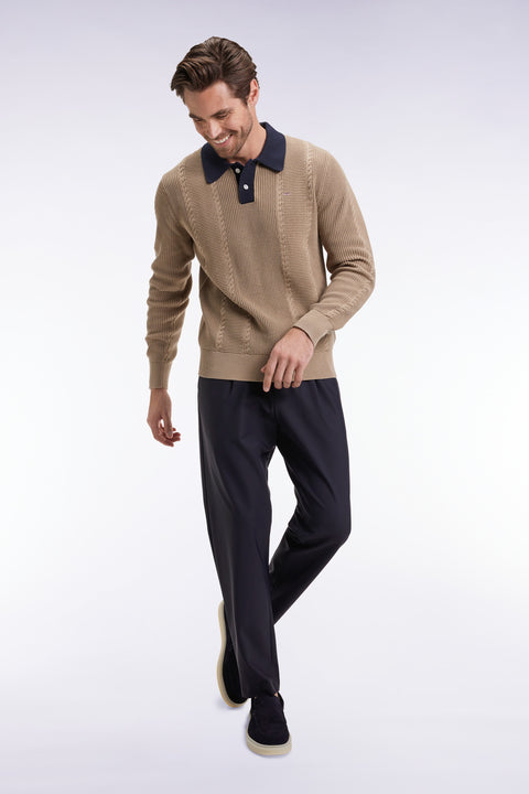 Blue polo-neck sweater in beige cotton - Image 1