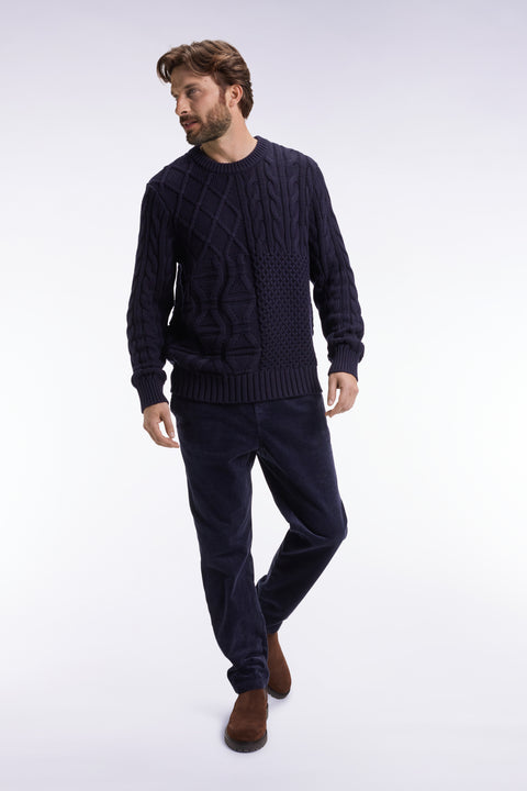 Round-neck sweater in navy wool and cotton twill - Image 1