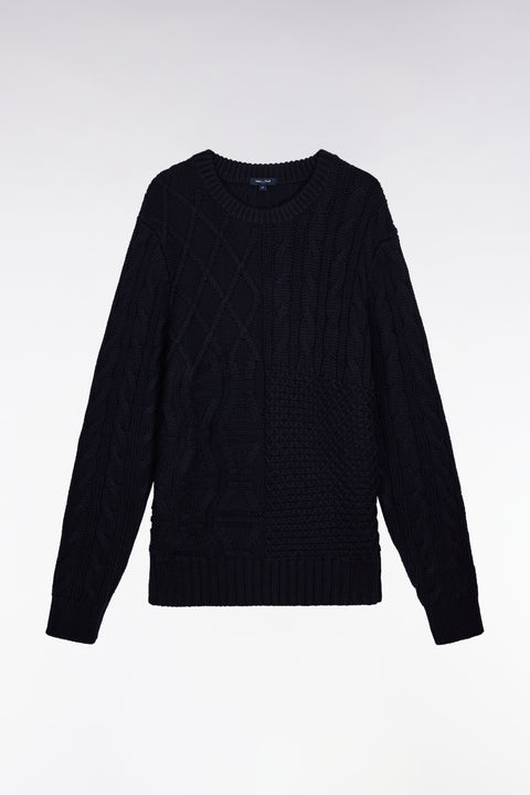 Round-neck sweater in navy wool and cotton twill - Image 2