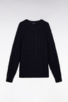 Round-neck sweater in navy wool and cotton twill