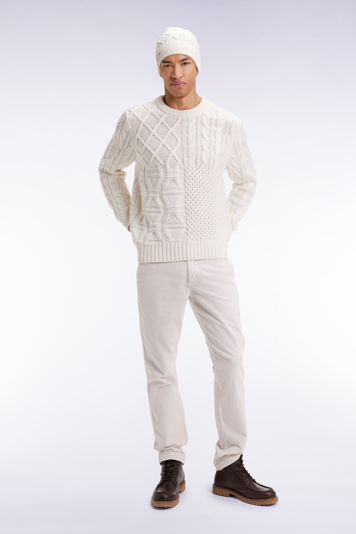 Pull col rond en laine et coton torsadé blanc