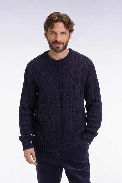 Round-neck sweater in navy wool and cotton twill - Image 3