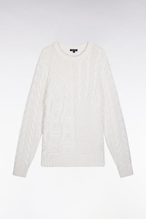 Round-neck wool and cotton cable sweater, white - Image 2