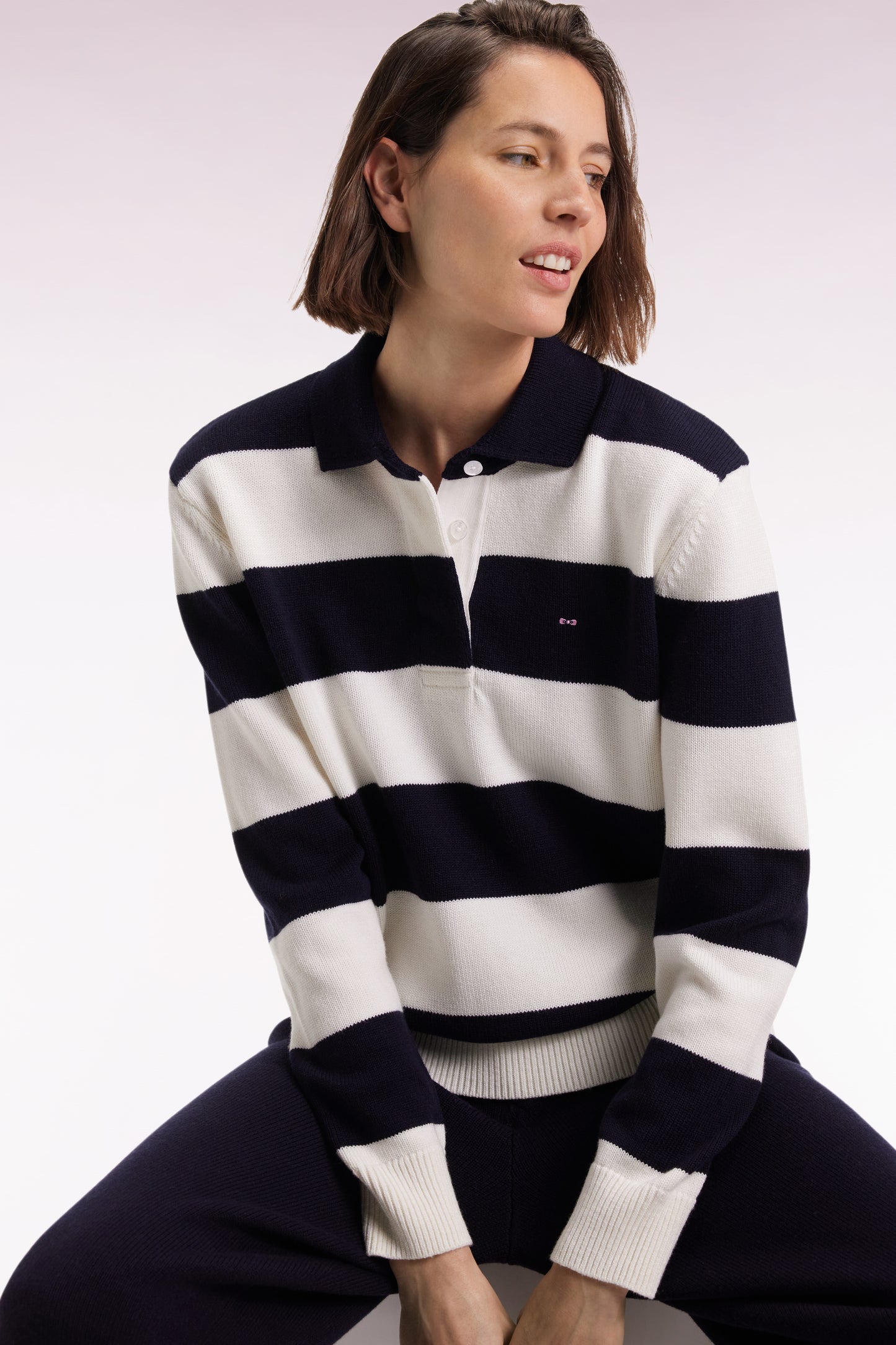 Wool and cotton rugby stripe shirt collar sweater in navy and white Relaxed fit