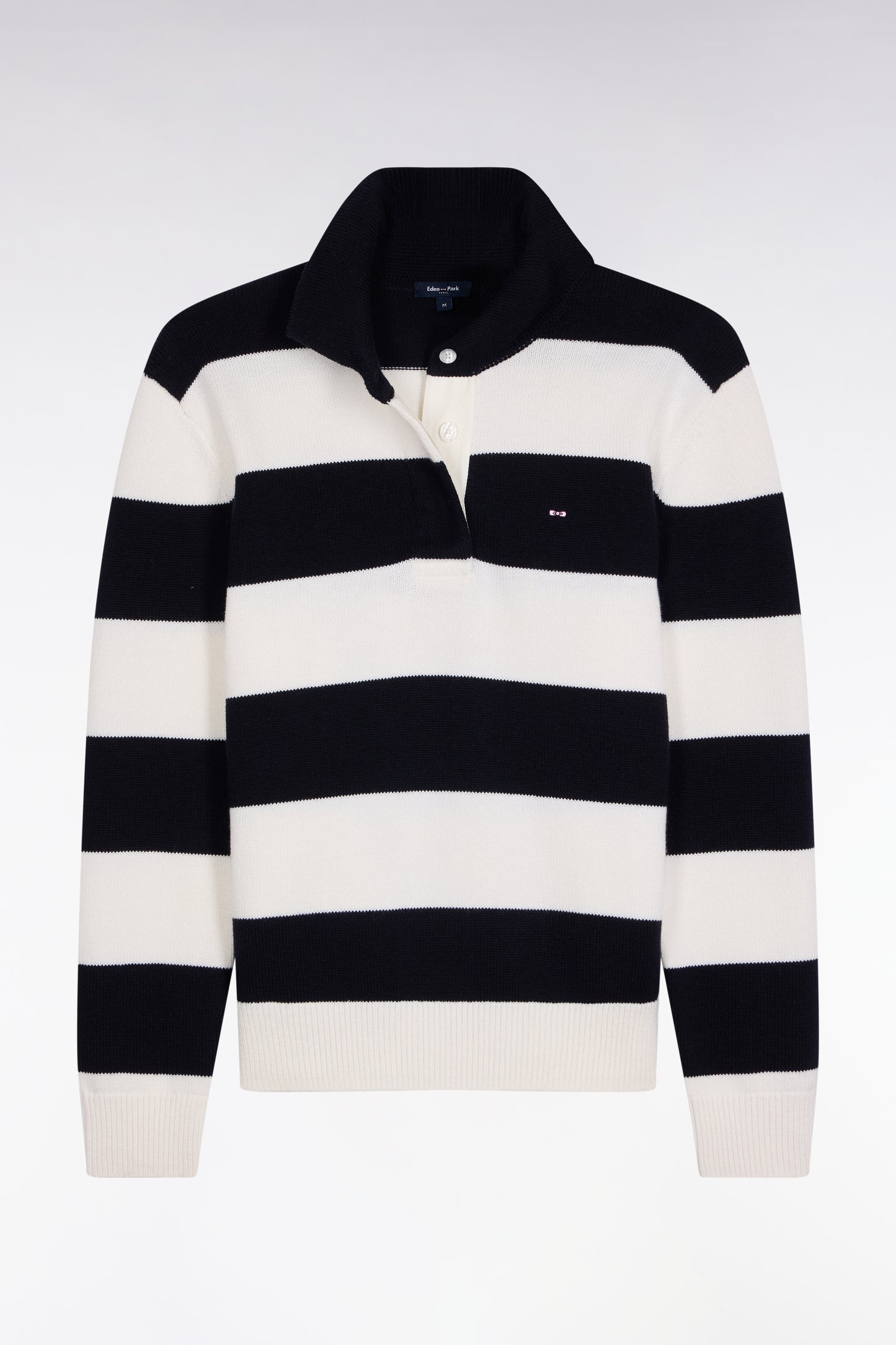 Wool and cotton rugby stripe shirt collar sweater in navy and white Relaxed fit