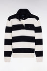 Wool and cotton rugby stripe shirt collar sweater in navy and white Relaxed fit