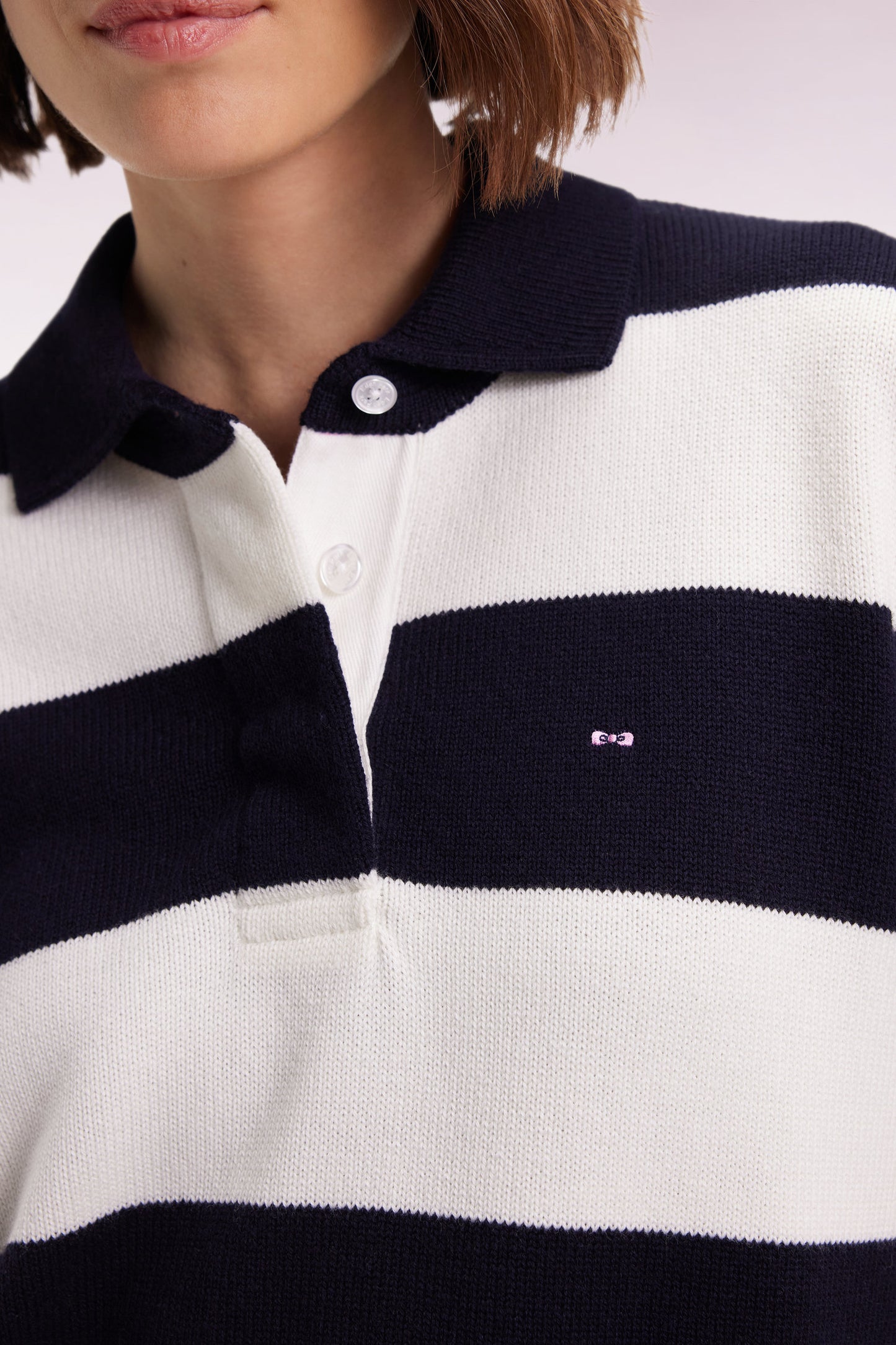 Wool and cotton rugby stripe shirt collar sweater in navy and white Relaxed fit