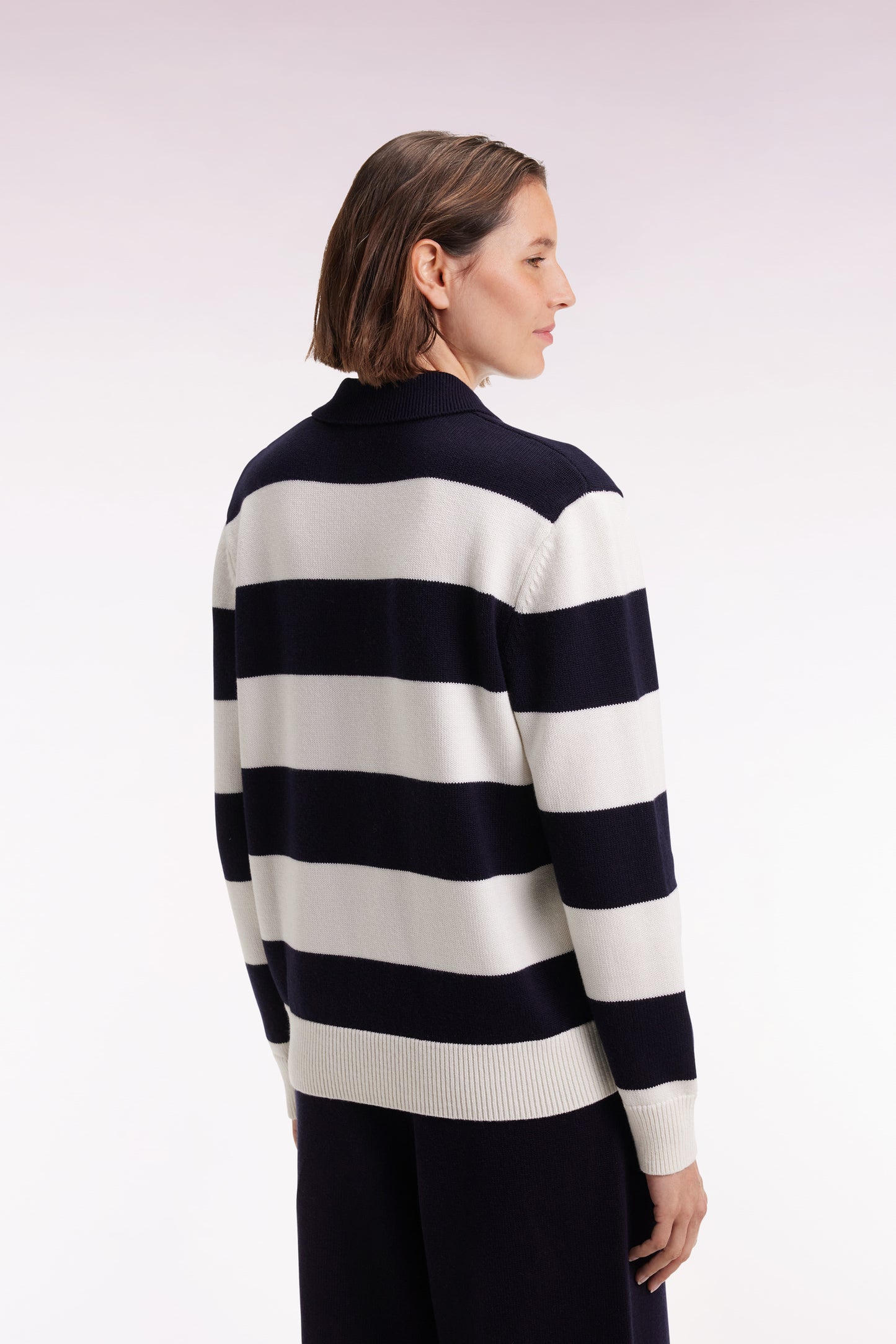 Wool and cotton rugby stripe shirt collar sweater in navy and white Relaxed fit