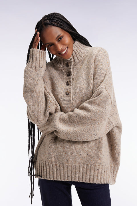 Pull col montant boutonné en laine moulinée mélangée beige coupe Oversized - Image 1