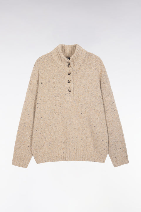 Pull col montant boutonné en laine moulinée mélangée beige coupe Oversized - Image 2