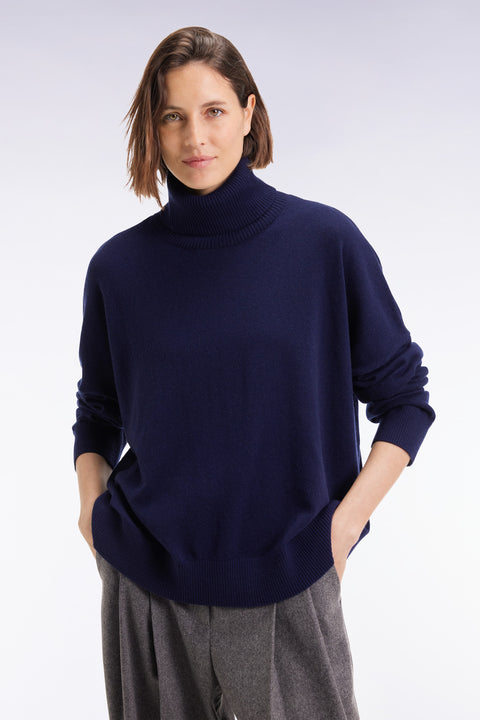 Pull à col roulé en laine et cachemire marine coupe Relaxed - Image 1