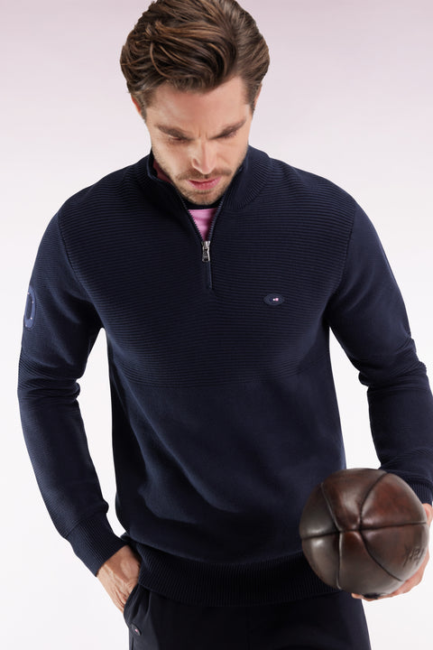 XV de France truck-neck sweater in navy cotton - Image 1