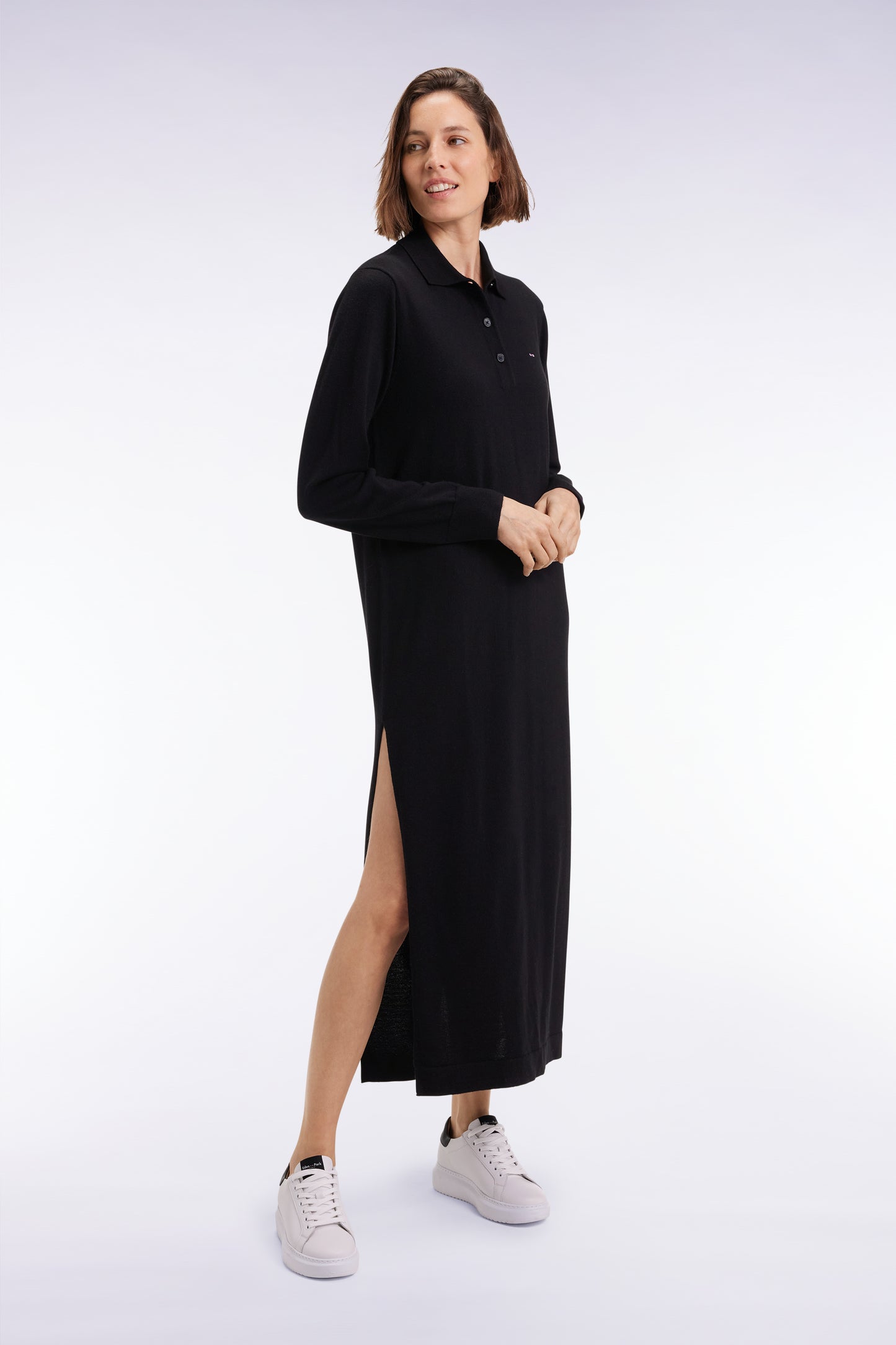 Black merino wool dress with polo collar