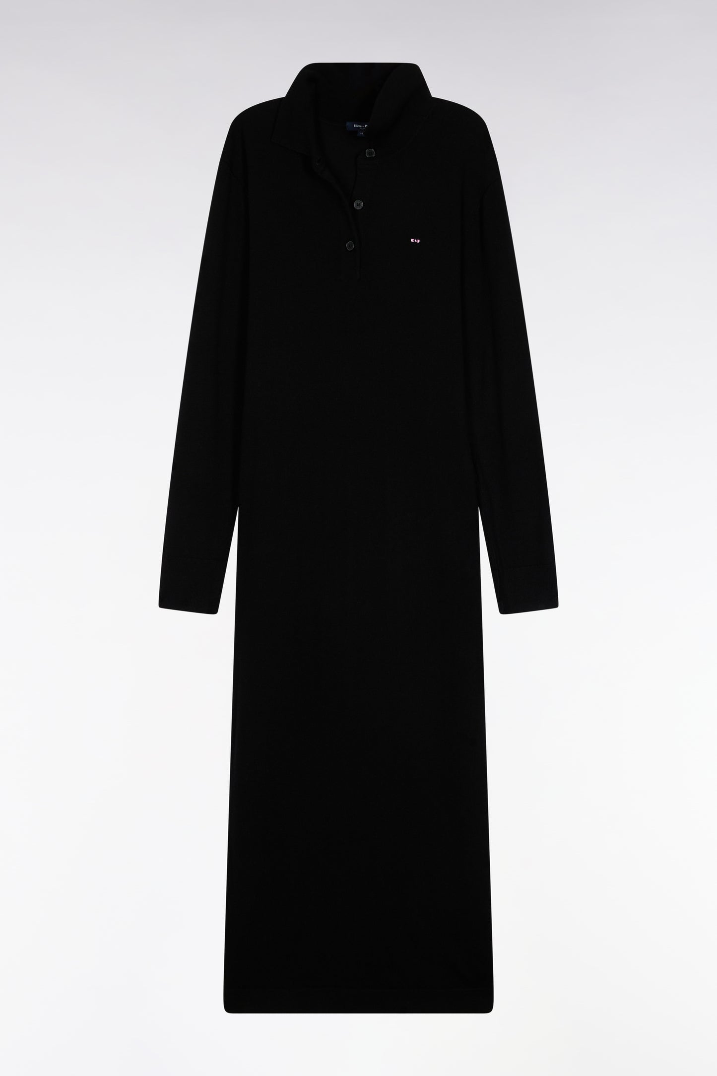 Black merino wool dress with polo collar