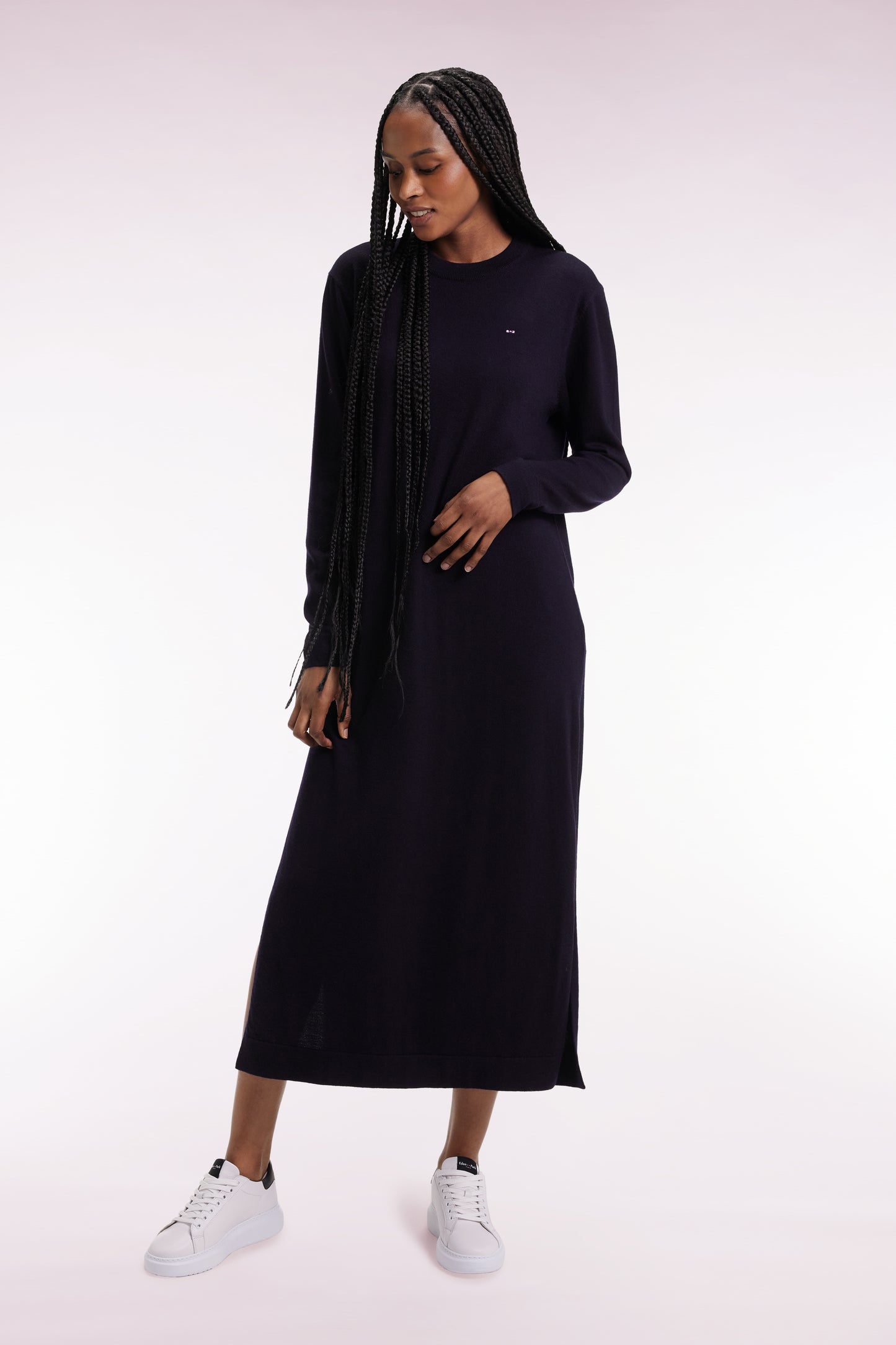 Round-neck dress in navy merino wool