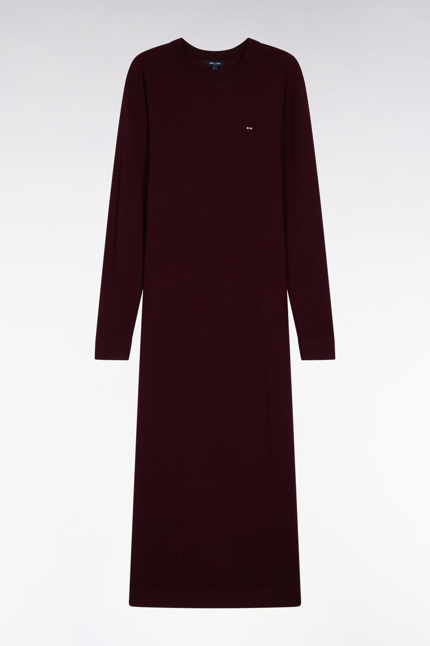 Round-neck dress in burgundy merino wool