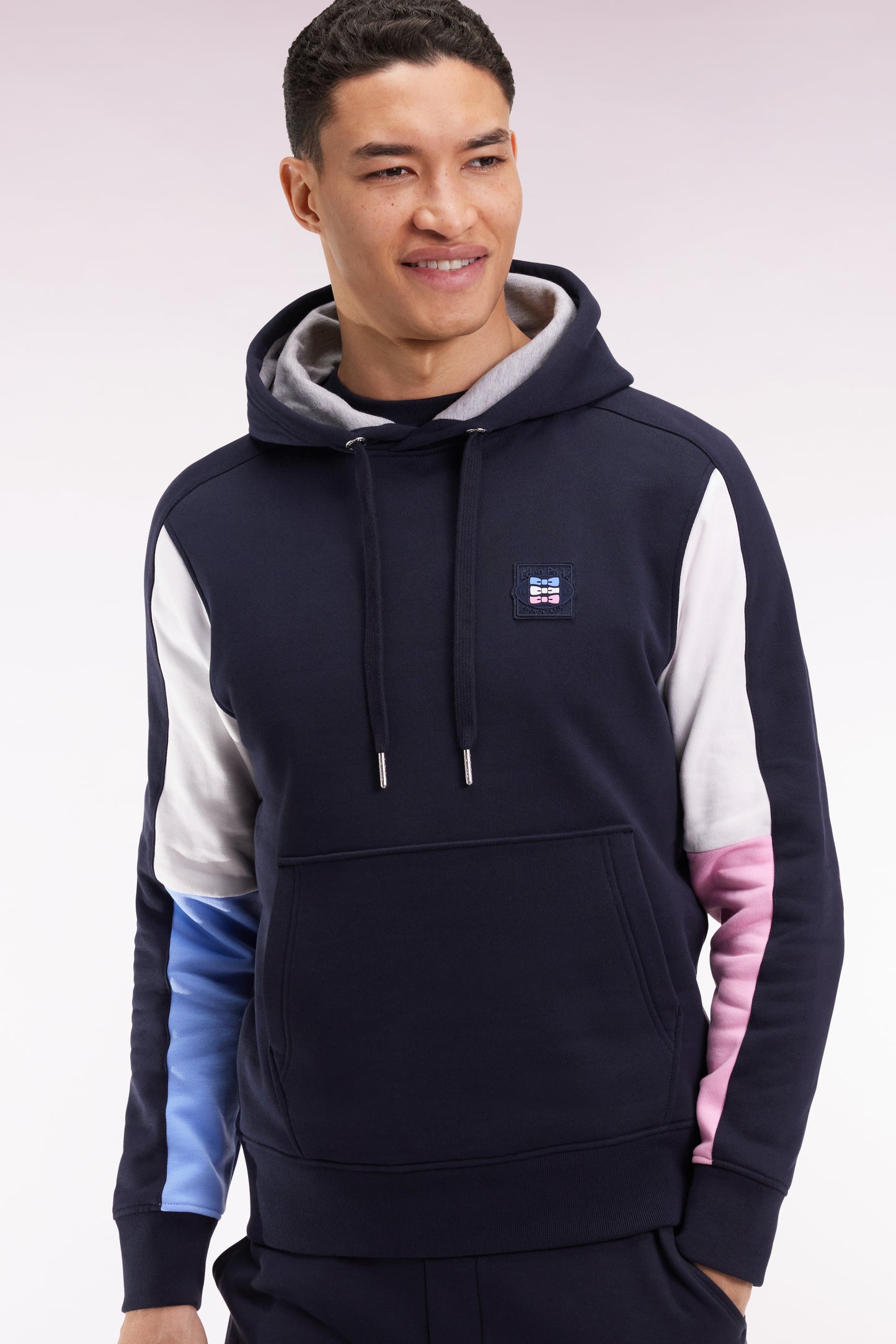 Navy hooded sweatshirt with contrasting cut-out sleeves