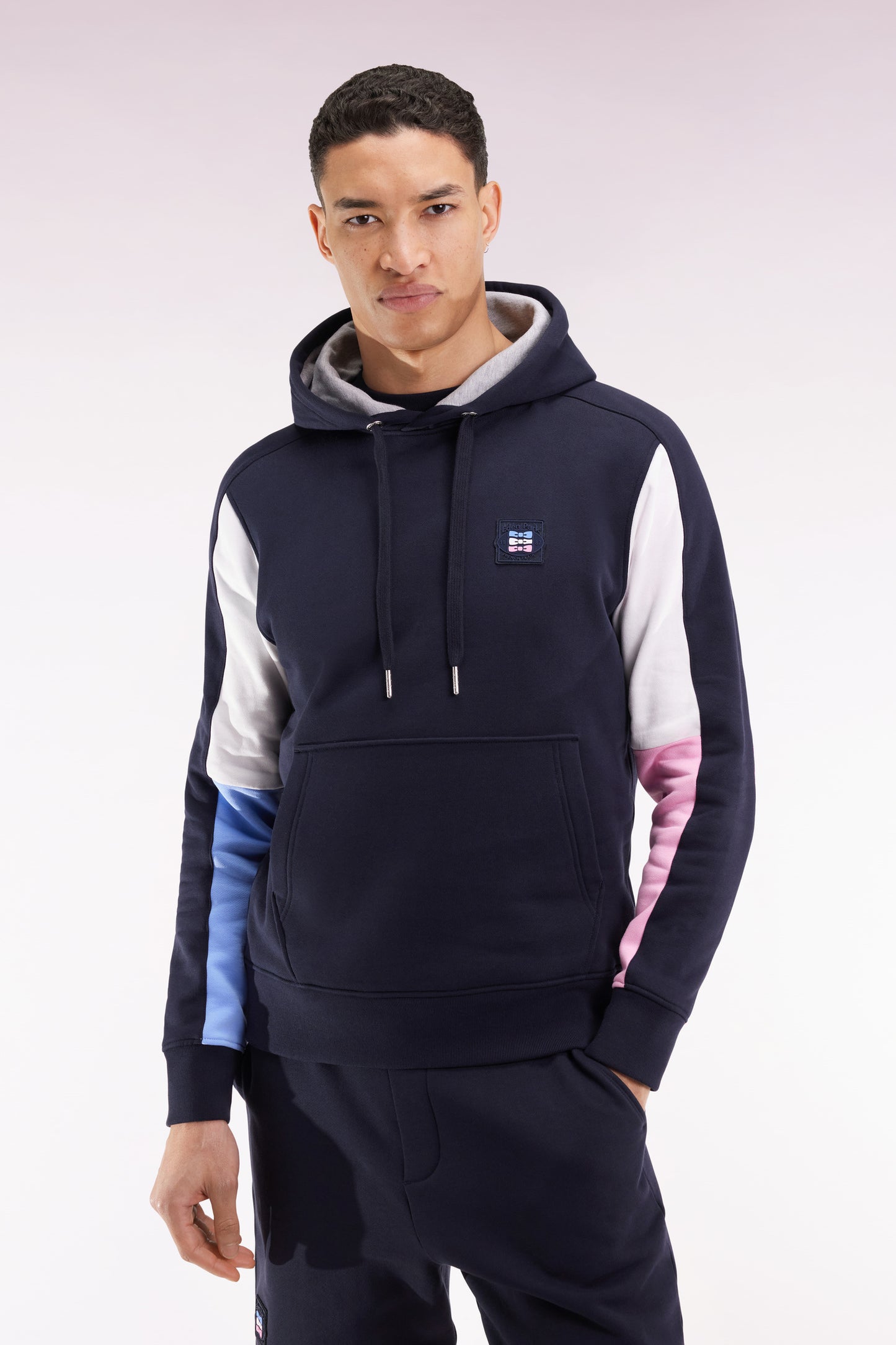 Navy hooded sweatshirt with contrasting cut-out sleeves