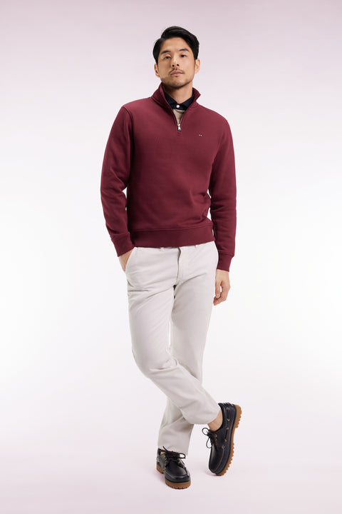 High-neck zip-up sweatshirt in burgundy cotton fleece - Image 1
