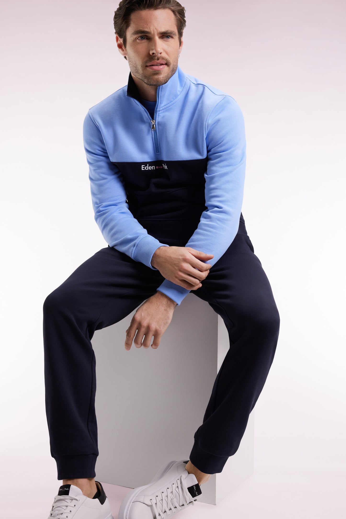 Two-tone sky fleece trucker-neck sweatshirt