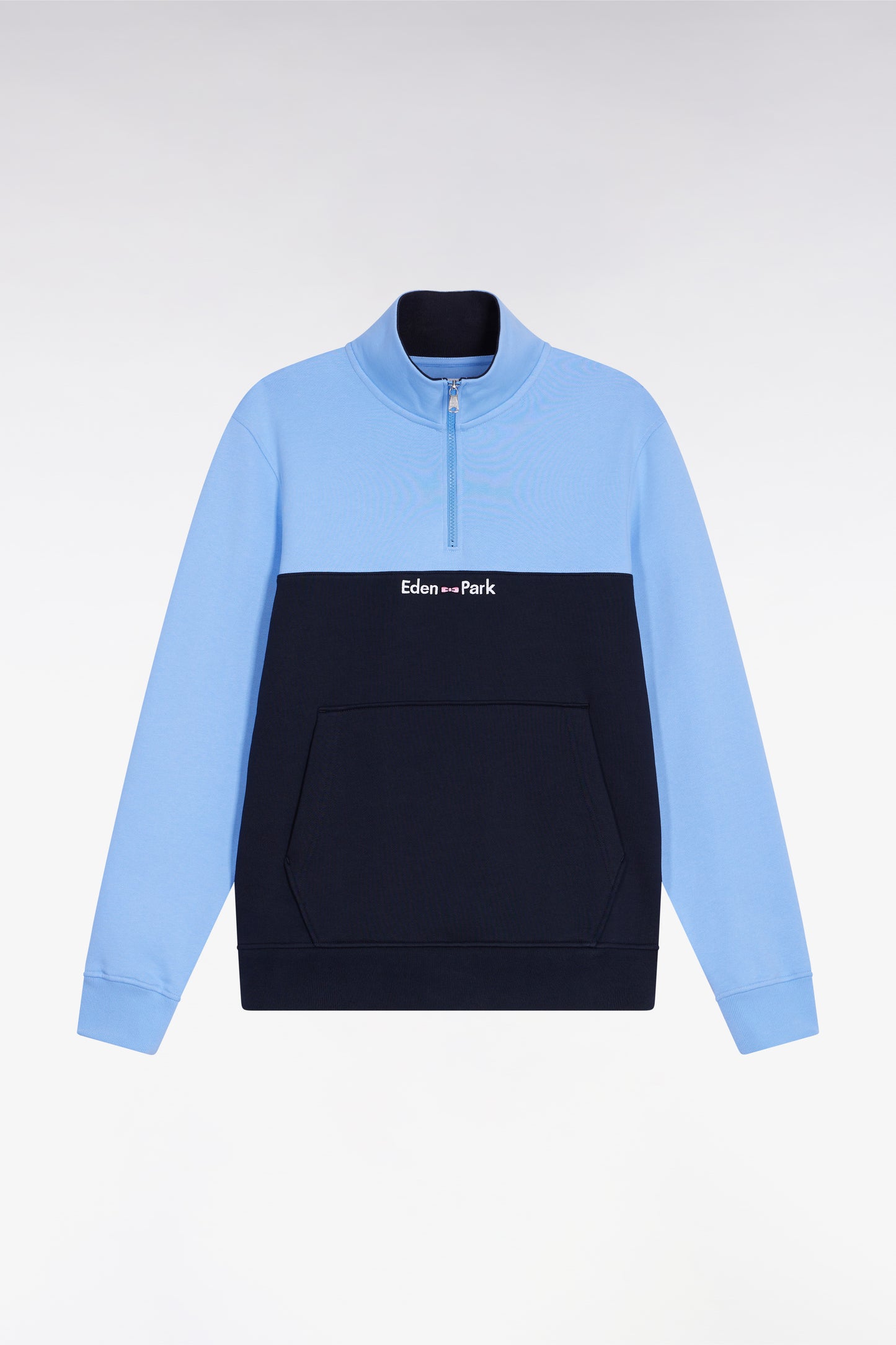 Two-tone sky fleece trucker-neck sweatshirt